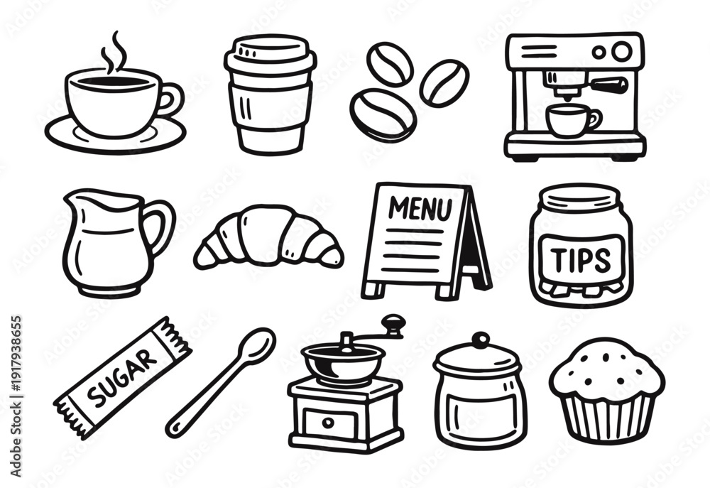 Obraz premium Hand Drawn Doodle Cafe and Coffee Essentials Collection