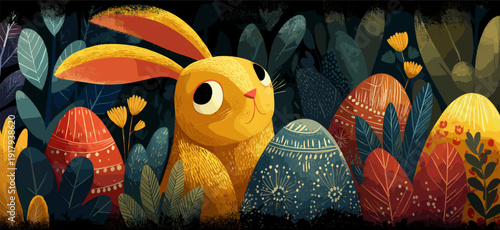 Easter bunny with folk art patterned eggs in nature. Easter poster. Happy rabbit and decorated Easter eggs among stylized plants, celebrating spring