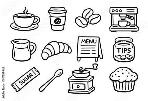 Hand Drawn Doodle Coffee Shop and Cafe Element Icons Set