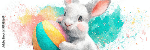 White rabbit holding colorful Easter egg, watercolor splash background. White rabbit holding a brightly striped Easter egg against a vibrant watercolor splash background