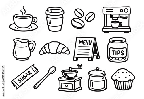 Hand Drawn Doodle Cafe and Coffee Essentials Collection