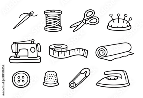 Hand Drawn Doodle Sewing and Tailoring Craft Equipment Icons Set