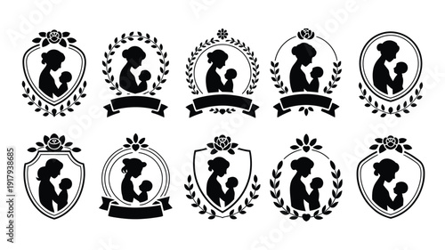 Vintage mother and child silhouette logos with floral wreaths and shields for family and parenting branding