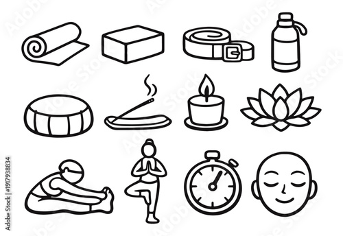 Yoga and Meditation Wellness Doodle Icons, Hand-Drawn Fitness and Spiritual Practice Line Art Set