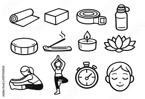 Yoga and Meditation Essentials Doodle Icons Set, Hand-Drawn Wellness and Fitness Line Art Illustrations