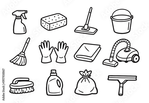 Household Cleaning Supplies Doodle Icons Set, Hand-Drawn Chores and Hygiene Line Art Vector Illustrations