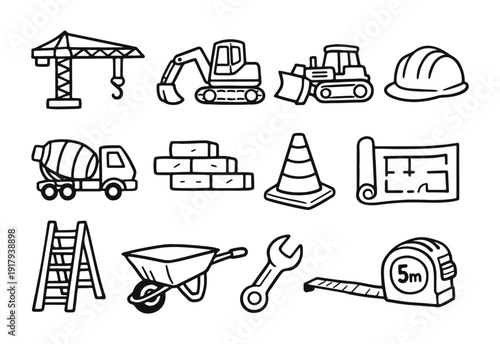 Construction Site Equipment Doodle Icons Set, Hand-Drawn Building and Engineering Line Art Illustrations