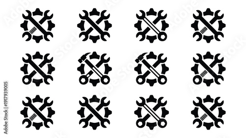 Collection of twelve bold black silhouettes of wrenches and gears on white background for industrial design