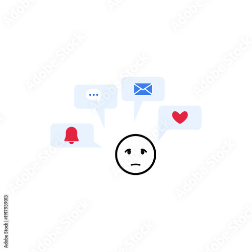 Sad face overwhelmed by multiple social media and message notifications