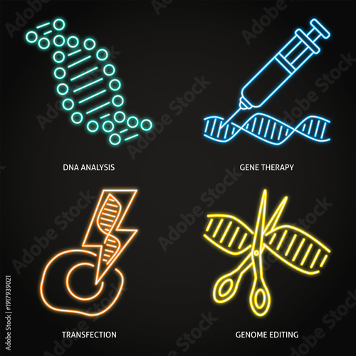 Genetic research and biotechnology neon icon set