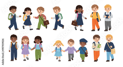 Group of diverse happy children wearing backpacks walking together in a line