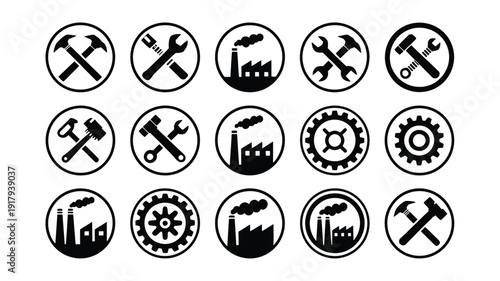 Industrial icons set with tools and machinery symbols in black and white representing industry and manufacturing concepts