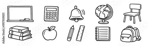 Back to School Outline Icons. Hand Drawn Doodle Vector Set of Classroom and Study Items