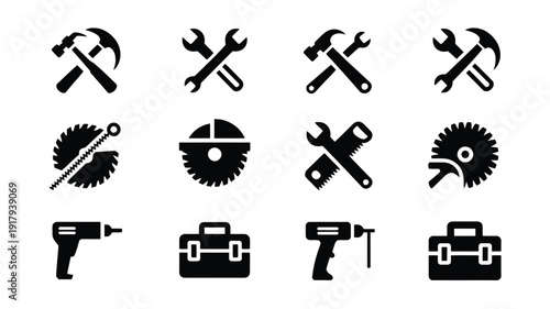 Collection of 12 minimalist black tool icons for diy projects and construction on white background