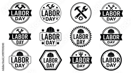 Collection of 12 bold graphic labor day icons with hammer hard hat and banner elements in black and white