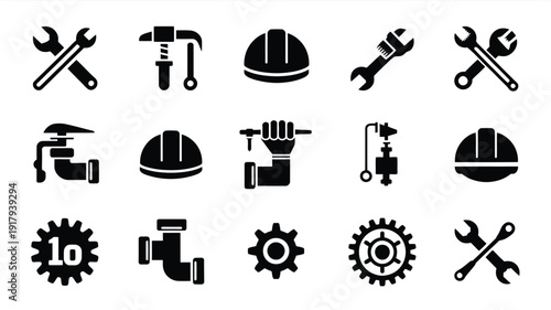 Collection of black and white industrial icons featuring tools and equipment for construction and engineering