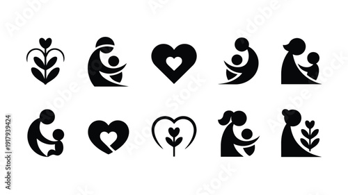 Set of modern abstract mother and child silhouettes with hearts and flowers on white background for love care and family concepts