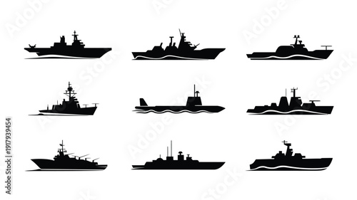 Collection of 12 modern military ship silhouettes in black on white background for design and editorial use