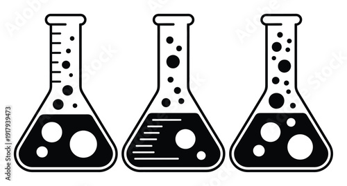 Three Black and White of Erlenmeyer Flasks with Bubbles and Liquid