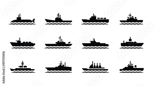 Collection of 12 minimalistic military ship silhouettes on water naval fleet icons set