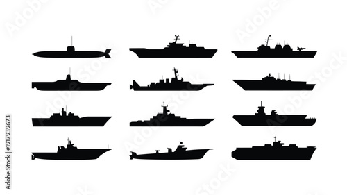 Collection of various naval vessel silhouettes on white background including submarines and warships in different designs and configurations