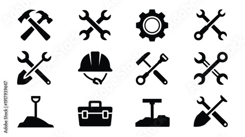 Black construction tools and equipment icons set including hammer wrench shovel hard hat toolbox and gear on white background for design and labor day themes