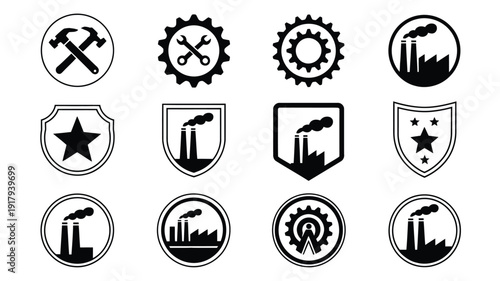 Industrial icons set with gears tools factories and shields on white background for business and industry concepts