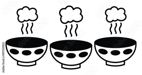 Three steaming bowls of soup with decorative patterns and clouds above