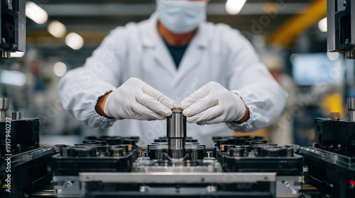 Medium shot of hands in crisp white gloves carefully inserting a metal cylinder into an advanced quality control machine, laboratory bathed in bright neutral light, polished metall