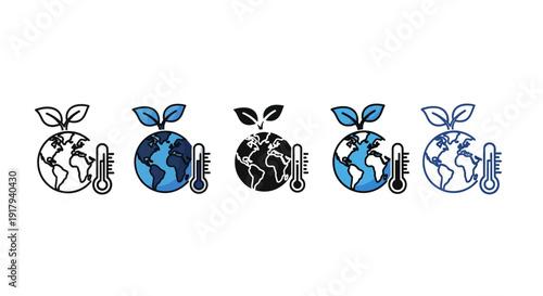 Earth icons with leaves and gears symbolizing eco-friendly technology and sustainability.