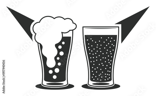 Two Glasses of Beer, One Overflowing with Foam, with Abstract Shapes