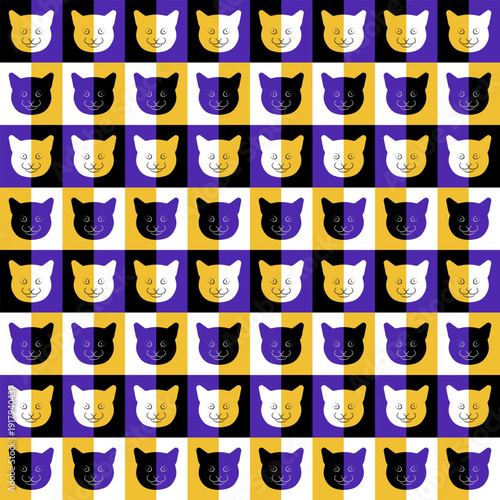 Seamless geometric pattern with stylized cat faces creating peripheral drift optical illusion. Vector background, colorful tiled design, abstract animal texture.