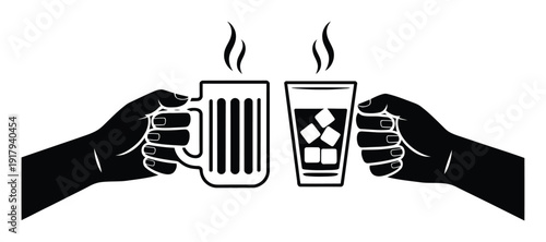 Two Hands Holding Drinks: Hot Coffee and Iced Beverage Toast