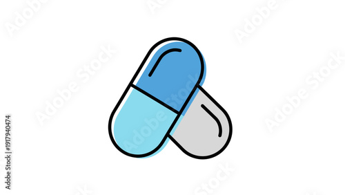 Two stylized capsule pills, one blue and one gray, overlapping slightly