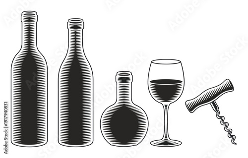 Vintage Style Wine Bottles, Glass, and Corkscrew Illustration