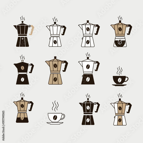 Coffee maker and cup icon collection. Includes moka pot, espresso maker, coffee bean, and steaming cup symbols. Created in flat style with brown and white color palette.