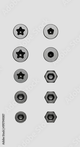 Set of 10 different types of security screws and bolts in a realistic metallic style. Includes Torx, hex, and tamper-resistant fasteners with various head designs. Created in a detailed vector