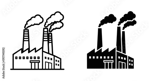 Industrial factory building with smokestacks emitting smoke.