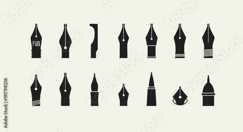 Calligraphy pen nibs icon collection. Includes various styles of writing and drawing tools, fountain pen tips, and ink pen accessories. Created in solid black silhouette style with a monochrome