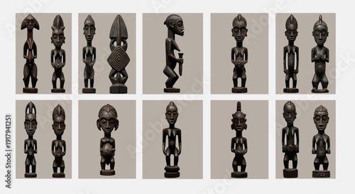 African tribal art wooden sculpture collection. Includes 10 different traditional ethnic statues, masks, and spiritual figures. Created in realistic vector style with dark brown and beige