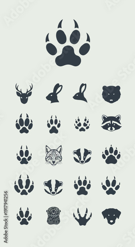 Forest animal and paw print icon collection. Includes deer, rabbit, bear, raccoon, fox, badger, dog, and various animal footprints. Created in flat silhouette style with dark gray palette.