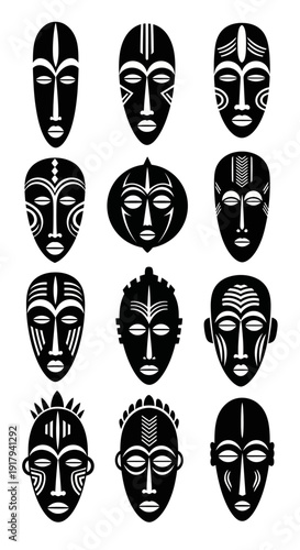 African tribal mask icon collection. Includes traditional, ritual, ethnic, cultural, spiritual, and ceremonial symbols. Created in flat black and white style with minimalist palette.