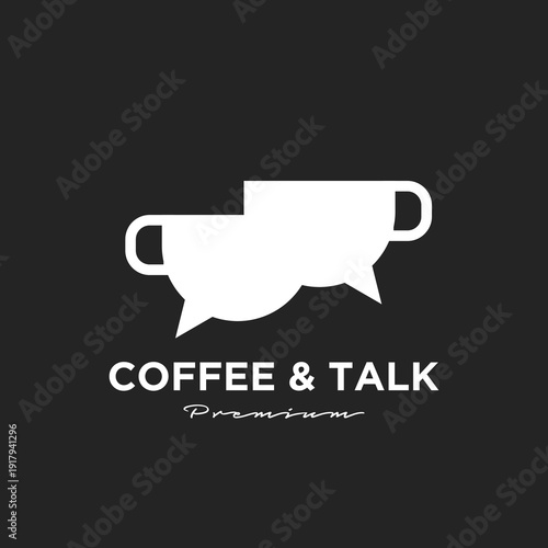 Minimalist Coffee and Talk Logo Design with Speech Bubbles and Coffee Cups on Black Background