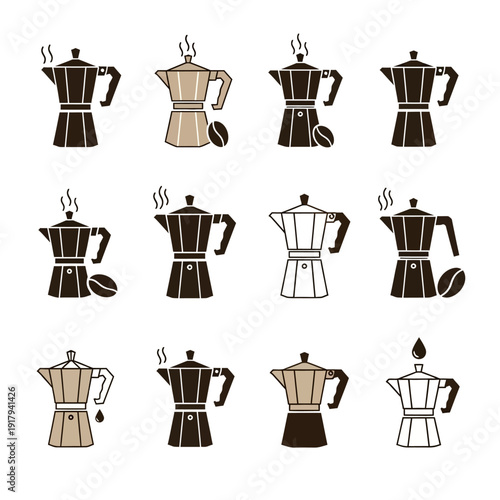 Moka pot coffee maker vector icon collection. Includes various styles of espresso pots, steaming coffee, and coffee beans symbols. Created in a flat line art style with a brown and beige color