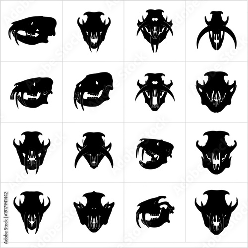 Animal skull silhouette icon collection. Includes various rodent, feline, and canine skull profiles and frontal views. Created in a minimalist black and white vector style.