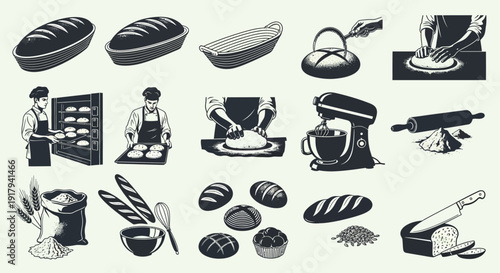 Baking and bakery icon collection. Includes bread, dough, flour, oven, baker, mixer, rolling pin, and baguette symbols. Created in monochrome engraved style with dark grey palette.