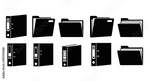 Office folder and binder icon collection. Includes document, file, archive, storage, paper, data, and organization symbols. Created in solid black silhouette style with a monochrome palette.