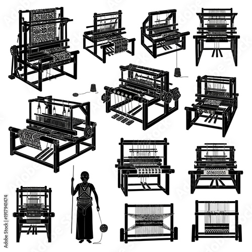 Weaving loom vector icon collection. Includes textile, fabric, thread, yarn, cloth, craft, and traditional weaving machine symbols. Created in black and white silhouette style with monochrome