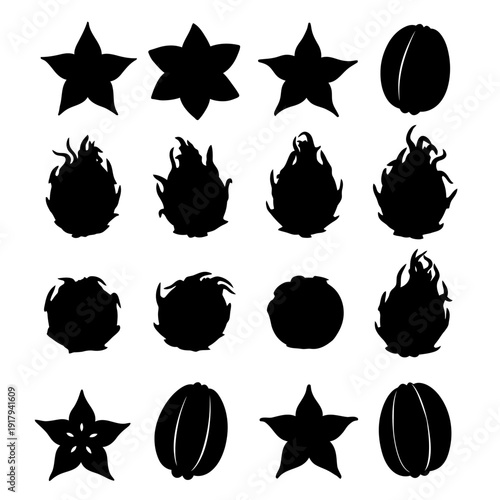 Exotic fruit silhouette icon collection. Includes star fruit, carambola, dragon fruit, pitaya, and mangosteen symbols. Created in solid black vector style with a monochrome palette.