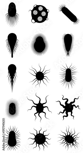 Bacteria and virus silhouette icon collection. Includes various microscopic organisms, germs, microbes, cells, and pathogen symbols. Created in solid black style with a monochrome palette.